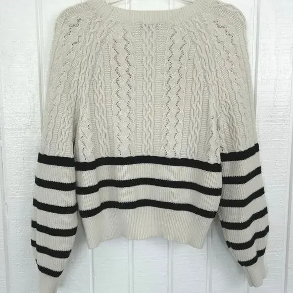 Express Women Cable Knit Striped Long Sleeve Sweater Cream Preppy Size Small - Picture 4 of 5